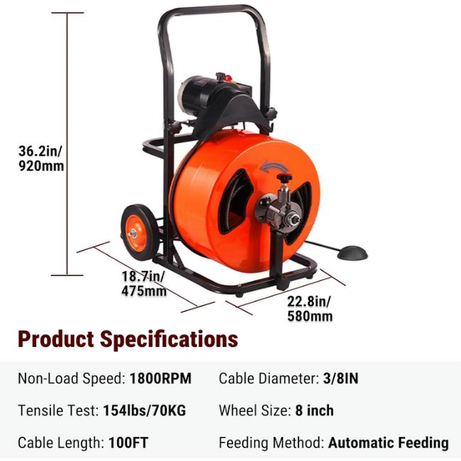 100FT Powered Sewer Auger